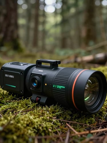 Close-up of high-tech outdoor laser game equipment resting on natural mossy ground, forest background, soft overcast light