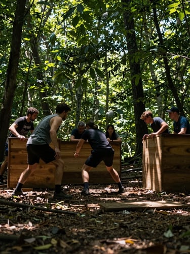 Dynamic low-angle action shot of players strategizing behind wooden obstacles, natural forest sunlight filtering through leaves, rich earthy greens.