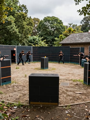 Wide-angle shot of a custom laser tag tactical arena set up in a public village square, overcast daylight, safety barriers visible.