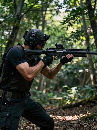Low-angle heroic perspective of a tactical laser game player holding a sleek infrared tagger in a sunny forest, deep greens and charcoal, cinematic depth of field.