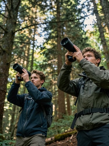 Low-angle heroic shot of two players in outdoor gear holding high-tech infrared emitters, natural sunlight filtering through forest trees, rich earthy greens, cinematic depth of field.