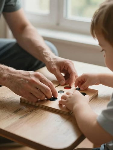 Close-up of a caregiver's hands gently steadying a small child's hands over a simple wooden puzzle on a low table, soft natural daylight from a nearby window, warm skin tones, worn table surface visible, intimate and unhurried