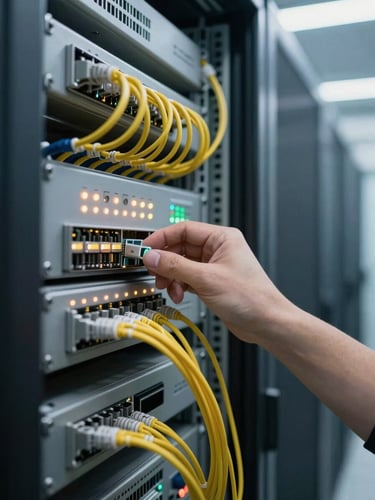 Close-up of a network infrastructure rack in a data center corridor, fiber optic cables and blinking status lights, a hand adjusting a patch panel in sharp focus, cool blue-white overhead lighting, documentary framing, no people visible beyond the working hand