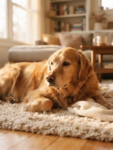 Warm editorial photograph of a golden retriever relaxing on a plush rug in a sun-drenched living room, shallow depth of field, natural and unposed, golden hour light.
