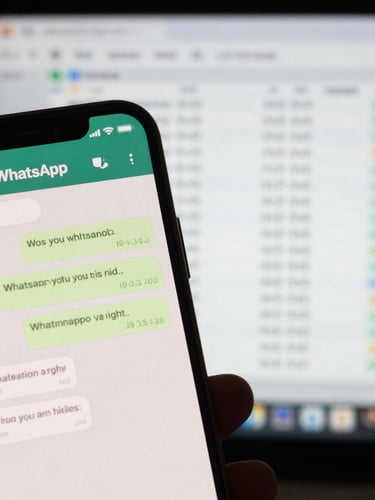 Close-up of a mobile screen displaying a clean WhatsApp automated chat flow next to a desktop ledger interface showing matching cash flow updates.