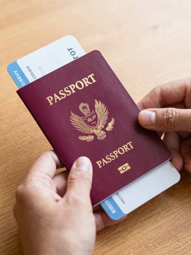 Close-up of hands holding passport and boarding pass over a clean wooden table, bright natural daylight, warm editorial travel photography, 35mm lens.