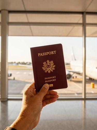A traveler holding a passport and boarding pass at a bright airport terminal window, warm sun-drenched golden hour light, rich saturated tones.