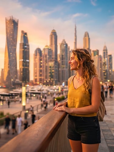 Wide-angle portrait of a traveler looking at modern Dubai architecture at golden hour, warm sun-drenched tones, 35mm lens.