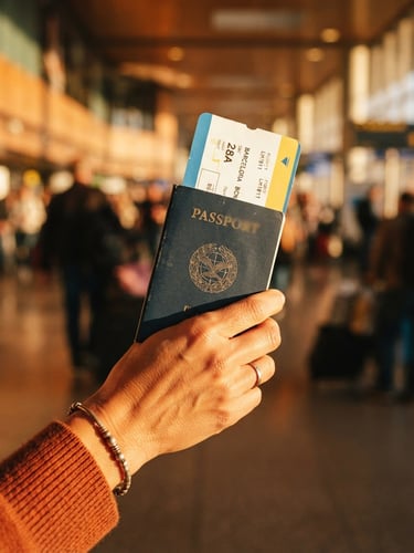 A close-up of a traveler holding a passport with a boarding pass sticking out, warm sun-drenched golden hour light, rich saturated tones.