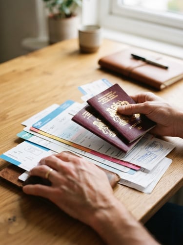 A close-up of hands organizing passports and travel documents on a clean wooden desk, bright natural daylight, 35mm lens