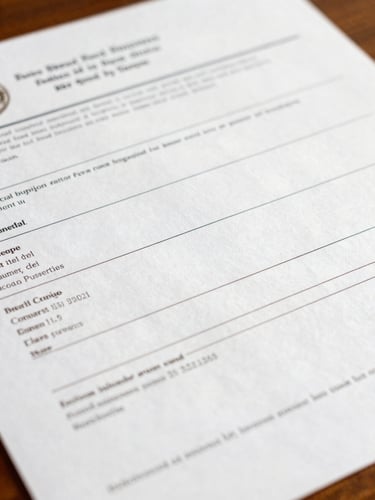 Close-up of official documents with stamps and seals, warm professional lighting, shallow depth of field.