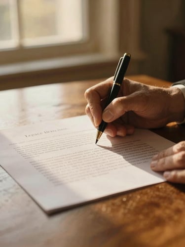 Close-up of hands signing a legacy planning document on a warm oak table, soft golden-hour window light, elegant and quiet atmosphere, 35mm.
