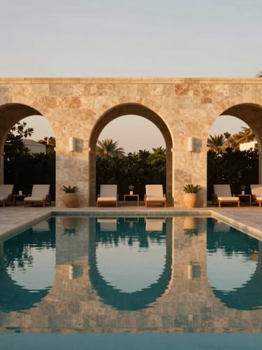 Symmetrical architectural shot of a luxury resort pool at golden hour, warm stone arches reflecting in still water, minimalist lounge chairs, soft twilight.