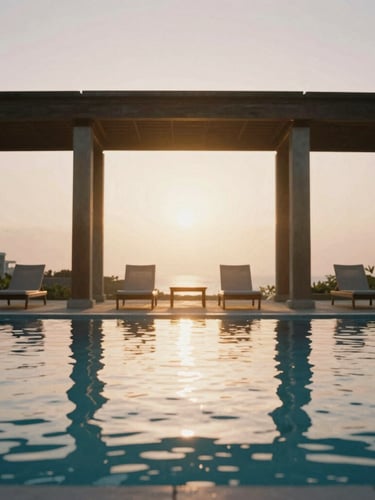 A serene, symmetrical architectural shot of the infinity pool at Salt Water Resorts during golden hour, with the low sun reflecting off the calm water and empty lounge chairs positioned elegantly in the background, 35mm film aesthetic, rich muted tones.