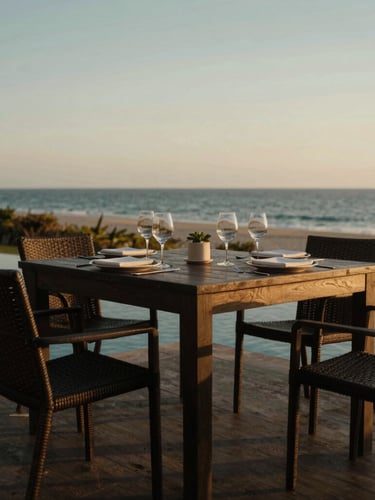 An environmental medium shot of a private, perfectly set poolside table at golden hour, overlooking a quiet beach landscape, low-contrast natural light, rich muted tones.