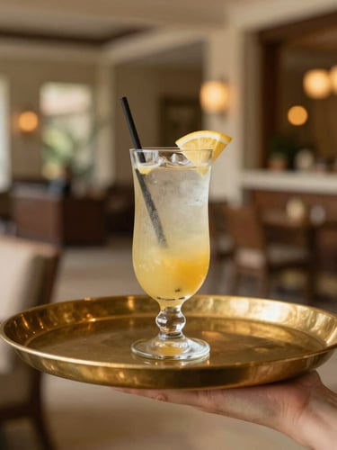 An intimate, close-up shot of a hand-delivered welcome drink on a brass tray, with the warm interior glow of the Ananta resort lobby softly blurred in the background, shallow depth of field, warm editorial photography.