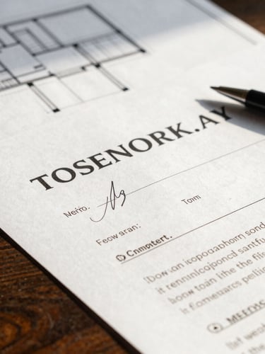 Macro close-up of a signed corporate contract and architectural blueprints on a dark wood table, warm side lighting, editorial corporate style, 35mm