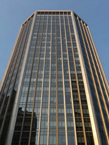 Low-angle architectural crop of a modern steel and glass financial tower in Mumbai, sharp daylight shadows, editorial corporate photography style
