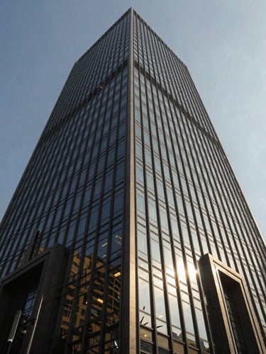 Wide-angle architectural crop of a modern glass financial tower in Mumbai, sharp daylight shadows, deep navy tones, editorial corporate photography style, 35mm