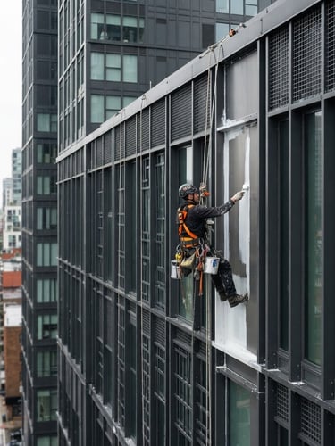 Professional architectural photography, painter in orange safety harness working on a modern graphite building exterior, overcast daylight, sharp focus, 35mm
