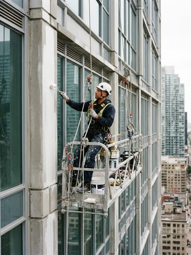 Professional industrial painter in safety harness and helmet working on a modern high-rise building exterior, safety ropes visible, bright overcast daylight, sharp focus on building facade, 35mm