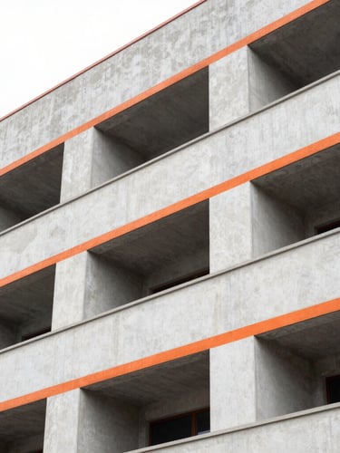 Detailed architectural close-up of a perfectly painted concrete building facade, clean safety orange line markings, sharp focus, bright overcast daylight