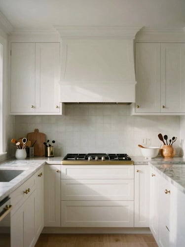 Straight-on architectural photography of a finished luxury kitchen in Vancouver, custom white oak millwork, warm brass accents, soft natural light from a side window, high-end interior design, 35mm film.