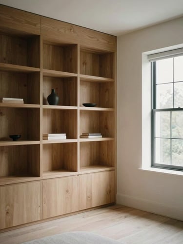 A warm, minimalist Vancouver living room with custom oak built-ins, clean plaster walls, soft natural light, architectural digest style