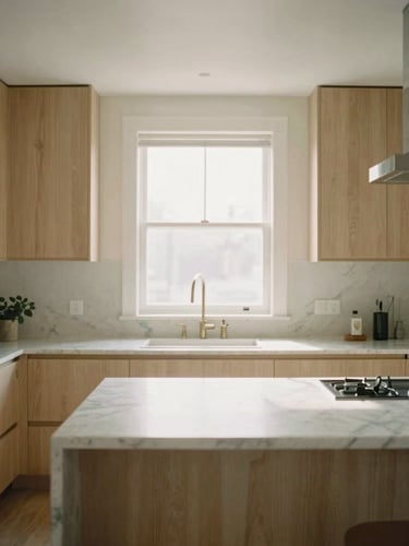 Straight-on architectural photography of a minimalist Vancouver kitchen, warm cream oak millwork, marble island, soft natural window light, 35mm film