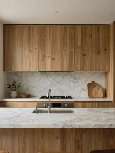 Straight-on architectural photograph of a luxury kitchen with custom oak millwork, seamless marble countertop, soft natural daylight, warm minimalist aesthetic