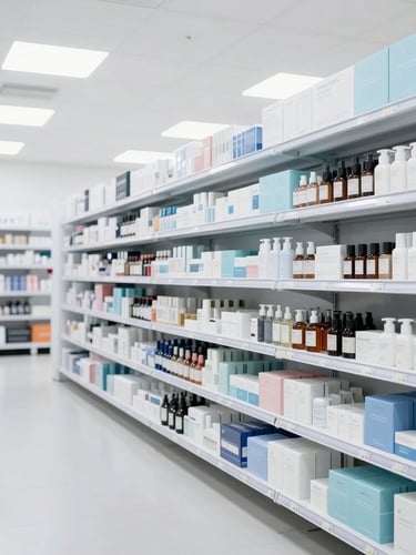 Wide-angle clean warehouse environment with high-key lighting, organized shelves of cosmetics, bright white and soft slate blue tones.