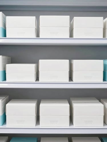 Straight-on commercial product photography of neatly organized wholesale beauty boxes on clean steel shelves, bright high-key studio lighting, soft blue accents.