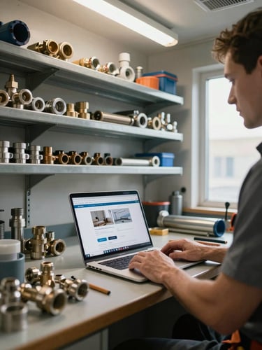 Environmental wide shot inside a small plumbing shop — pipes and fittings on metal shelves, a laptop open on a workbench showing a clean website on screen, a contractor's hands resting on the keyboard, overhead fluorescent and a shaft of daylight from a side window