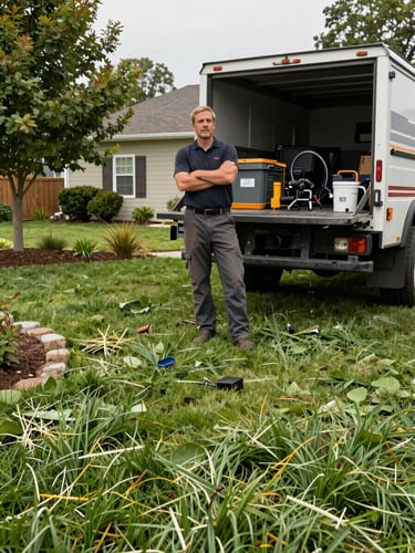 Wide-angle shot of a lawn care owner standing beside their truck at a residential job site, grass clippings on the ground, natural midday daylight, truck bed full of equipment, owner looking out at the yard with arms crossed — no eye contact with camera