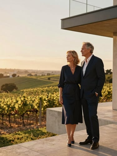 Wide environmental portrait of an elegant mature couple standing on the terrace of a modern architectural estate at golden hour, overlooking rolling vineyards, warm sunlight, rich gold tones, shallow depth of field, 35mm