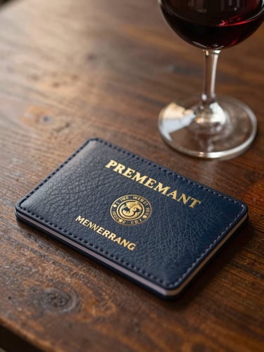 Close-up of a premium leather-bound membership card resting on a dark wooden table next to a glass of red wine, warm lighting