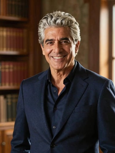 Portrait of Diego Salazar, a handsome silver-haired Spanish gentleman in his late 50s wearing a tailored navy blazer, smiling warmly in a sunlit private library, warm lighting, shallow depth of field