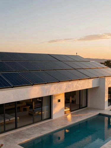 Wide architectural shot of a modern luxury villa in Spain at sunset, sleek black solar panels seamlessly integrated into the flat roof, golden hour light reflecting on a clean pool, warm editorial photography, 35mm.