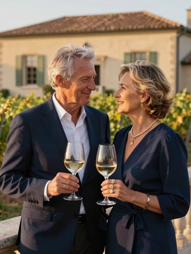 Elegant mature couple enjoying golden hour on a private estate vineyard terrace, holding wine glasses, warm lighting, architectural background, shallow depth of field, 35mm