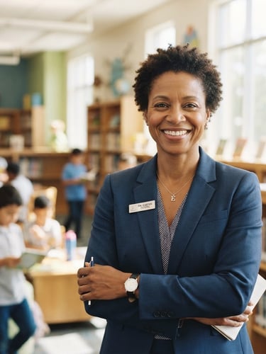 A warm, professional portrait of an elementary school principal smiling in a bright, sunlit modern library, shallow depth of field, 35mm