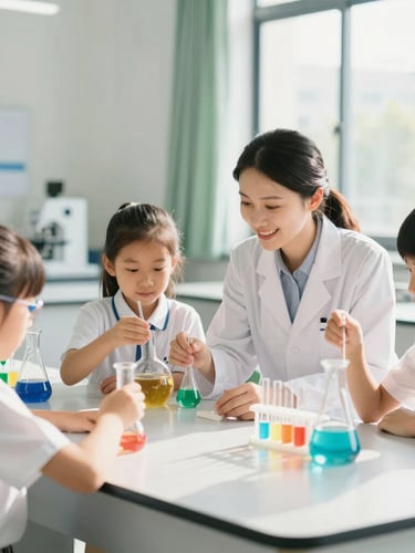 A bright, modern science lab where a smiling teacher guides elementary students through a safe, colorful chemistry experiment, natural daylight, soft green accents, shallow depth of field.