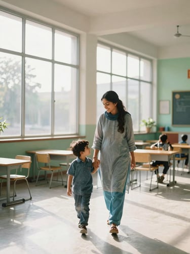 A smiling Pakistani mother walking her young son into a modern, bright school lobby, warm morning sun streaming through large glass windows, 35mm