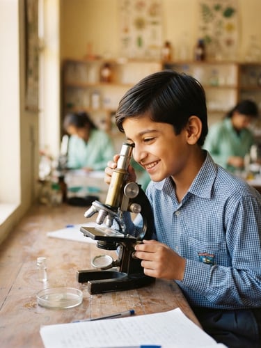 Bright natural photography of a young Pakistani boy smiling while looking through a microscope in a sunlit science lab, soft green accents, 35mm shallow depth of field