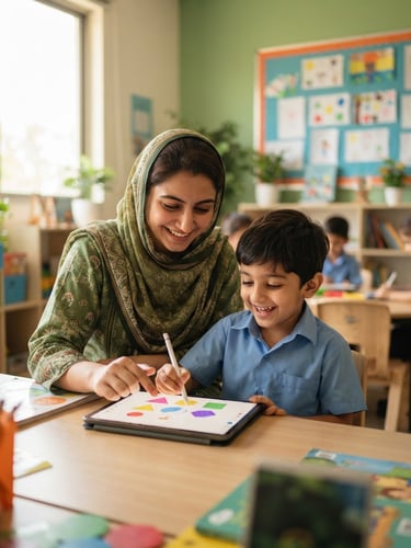 A bright, sunlit medium shot of a friendly Pakistani elementary school teacher helping a smiling young child with a digital tablet in a modern green-accented classroom, warm daylight, shallow depth of field, 35mm.