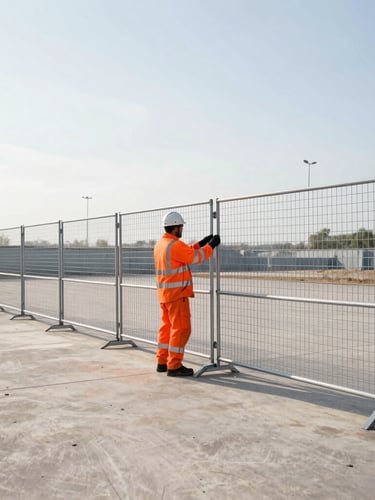 A professional field crew member in high-visibility orange safety gear setting up steel temporary fencing panels on a bright morning, clean composition, wide-angle lens