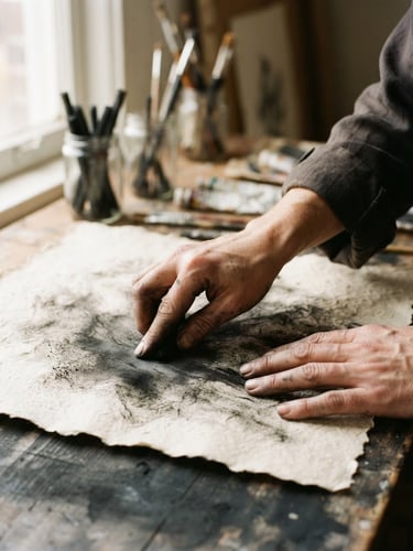 Hands smudging charcoal on heavily textured parchment paper under soft side window light, artist studio setting, warm tones, 35mm photography