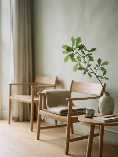 A quiet, architectural therapy office with soft north-facing daylight, minimalist oak chairs, a single green branch in a ceramic vase, shallow depth of field, calm editorial photography style.