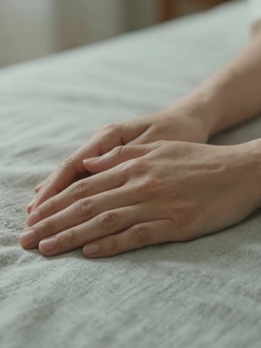 A close-up portrait-oriented shot of hands resting calmly on a soft linen lap, warm diffused morning light, shallow depth of field, peaceful and grounded atmosphere.