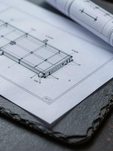 Macro detail shot of a structural blueprint lying on a dark slate desk, cool diffused daylight, sharp geometry