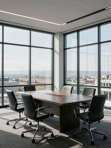 A clean minimalist corporate boardroom in Casper, Wyoming, cool diffused daylight, sharp shadows, architectural geometry of glass and steel.